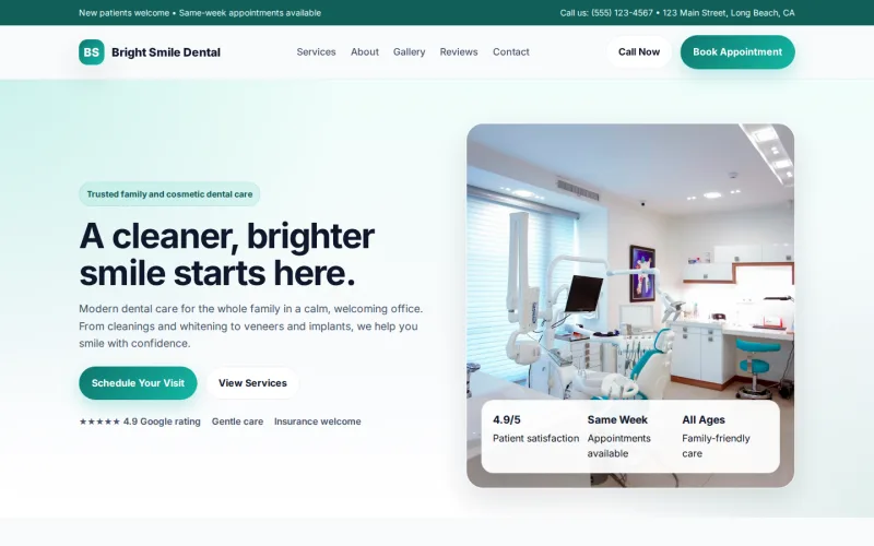 Bright Smile Dental family dentistry website concept