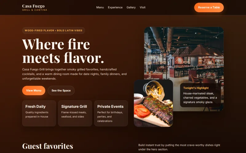 Casa Fuego Grill restaurant website concept