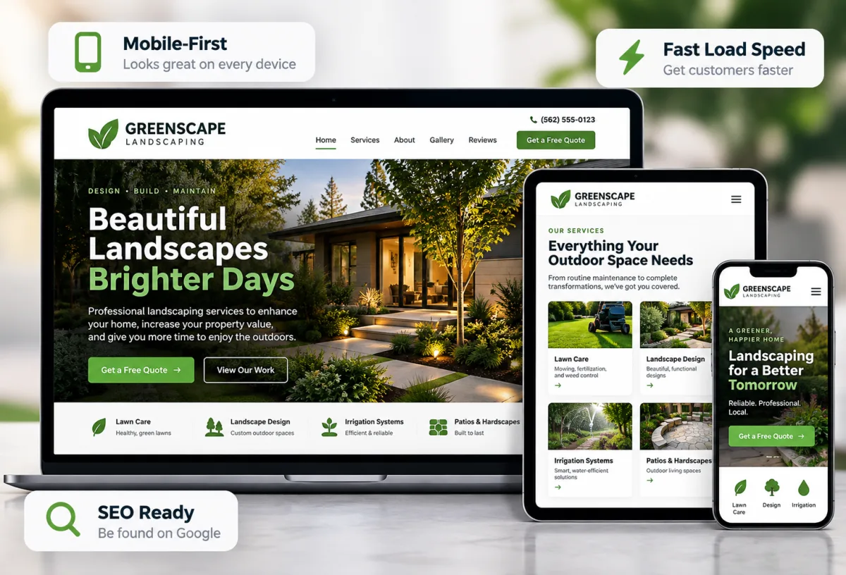 Responsive Greenscape Landscaping website shown on a laptop, tablet, and phone with Mobile-First, Fast Load Speed, and SEO Ready callouts