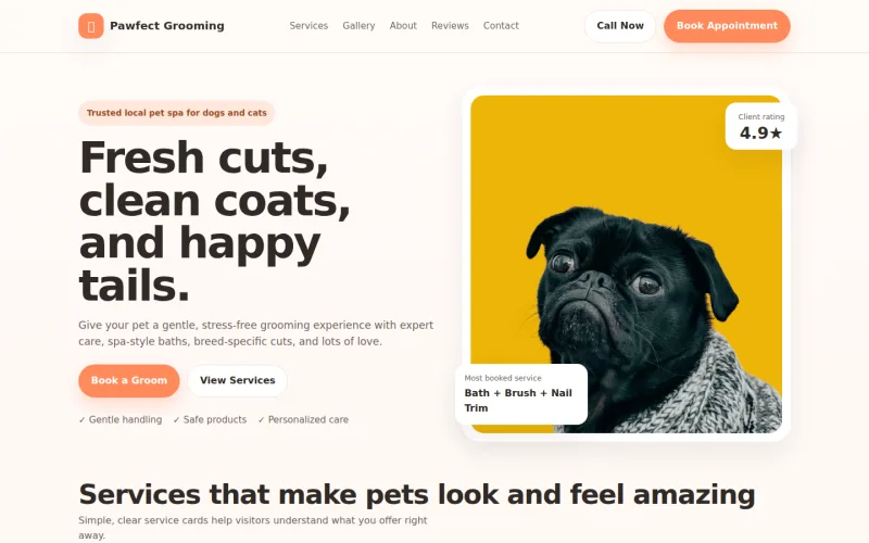 Pawfect Grooming pet services website concept